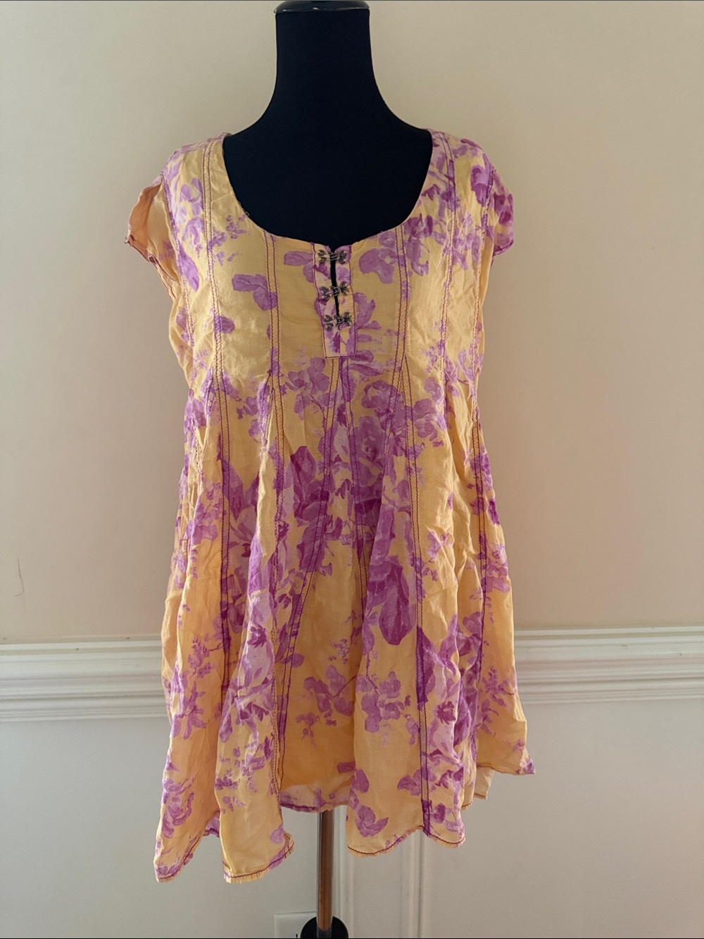 Free People Sully Seamed Babydoll Dress Sunshine Combo Floral Mini Tunic Sz S - Picture 2 of 10